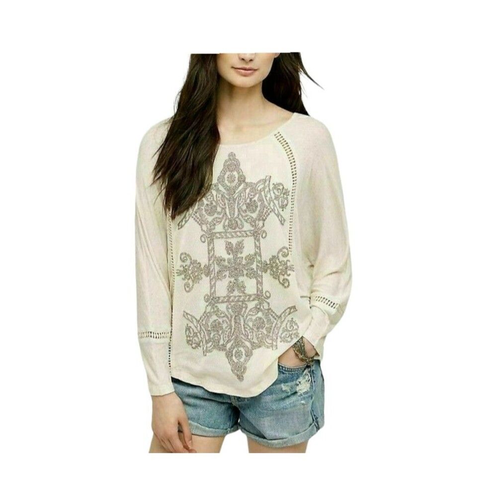 Anthro Meadow Rue Women's Oatmeal Top Saba Embroidered Dolman Sleeve Shirt S